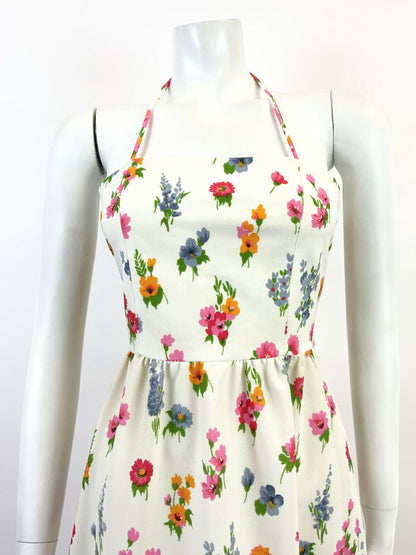 VINTAGE 60s 70s WHITE PINK BLUE ORANGE FLORAL POPPY GARDEN HALTER MAXI DRESS 4 6