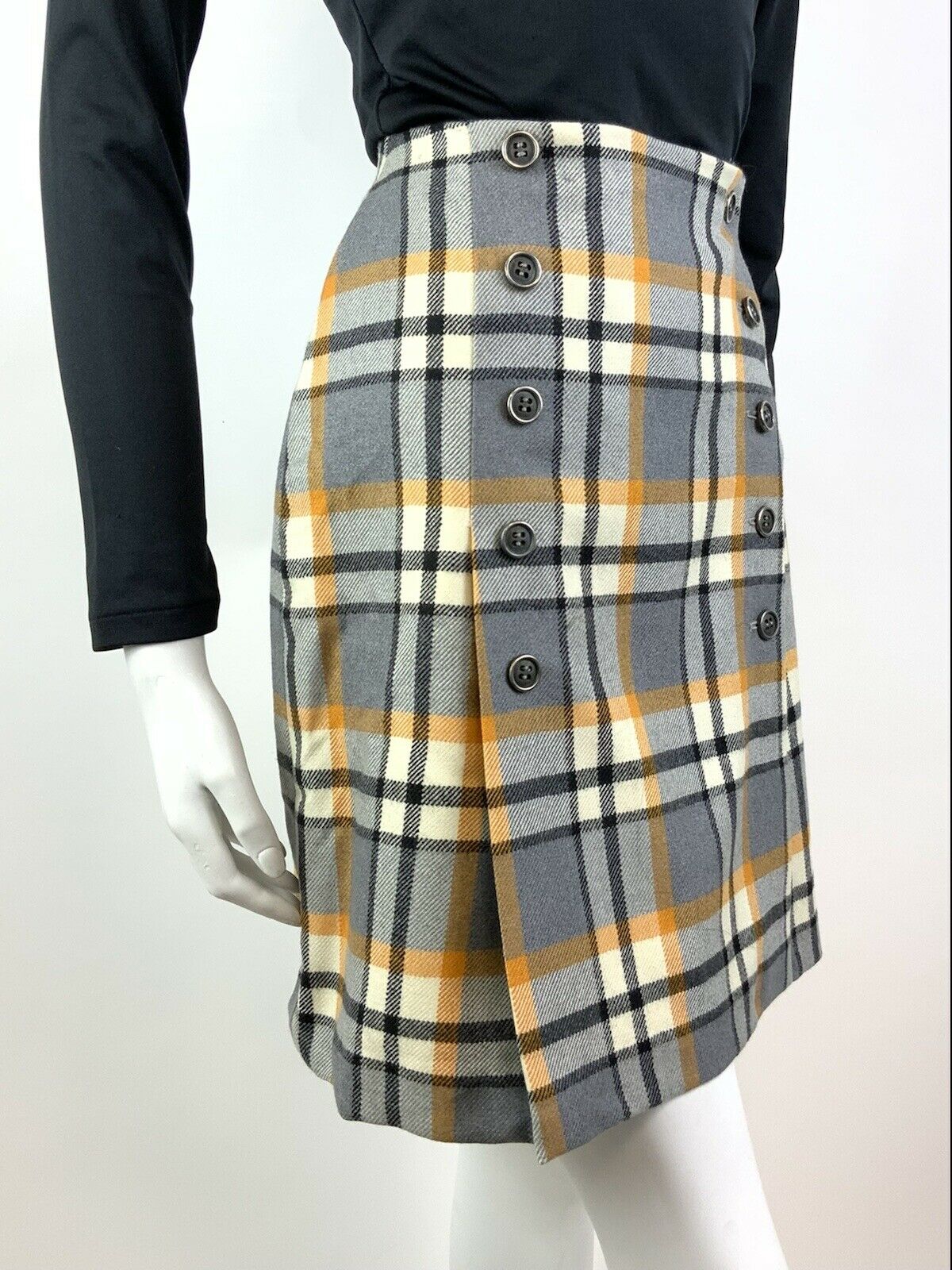 VINTAGE 60s 70s GREY WHITE YELLOW TARTAN PLAID CHECKED MOD SHORT SKIRT 6 8