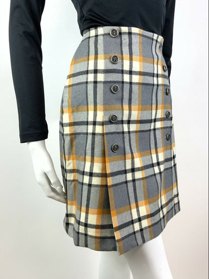 VINTAGE 60s 70s GREY WHITE YELLOW TARTAN PLAID CHECKED MOD SHORT SKIRT 6 8