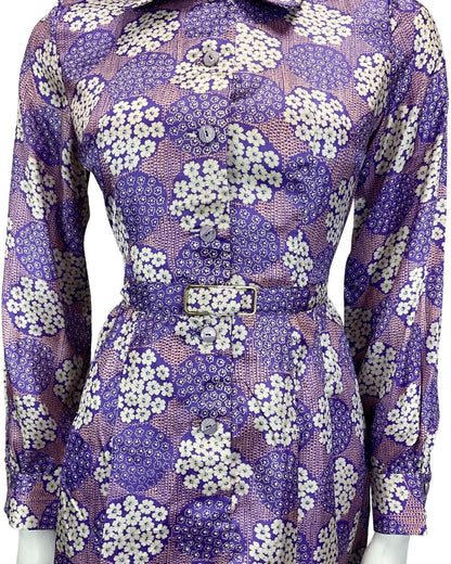 VINTAGE 60S 70S PURPLE LILAC FLORAL PRINT BOHO PSYCHEDELIC MIDI DRESS 12