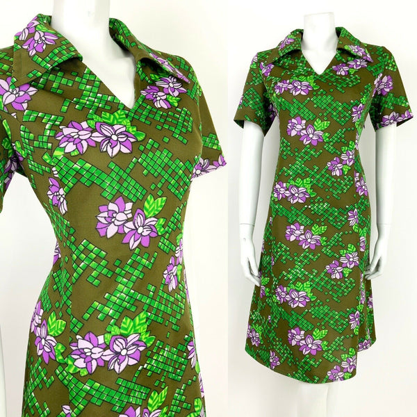 VINTAGE 60s 70s OLIVE GREEN PURPLE WHITE FLORAL GEOMETRIC SHIFT DRESS 14 16