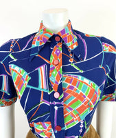 VTG 60s 70s BLUE ORANGE PURPLE GREEN ABSTRACT MOD PSYCHEDELIC DAGGER SHIRT 10 12