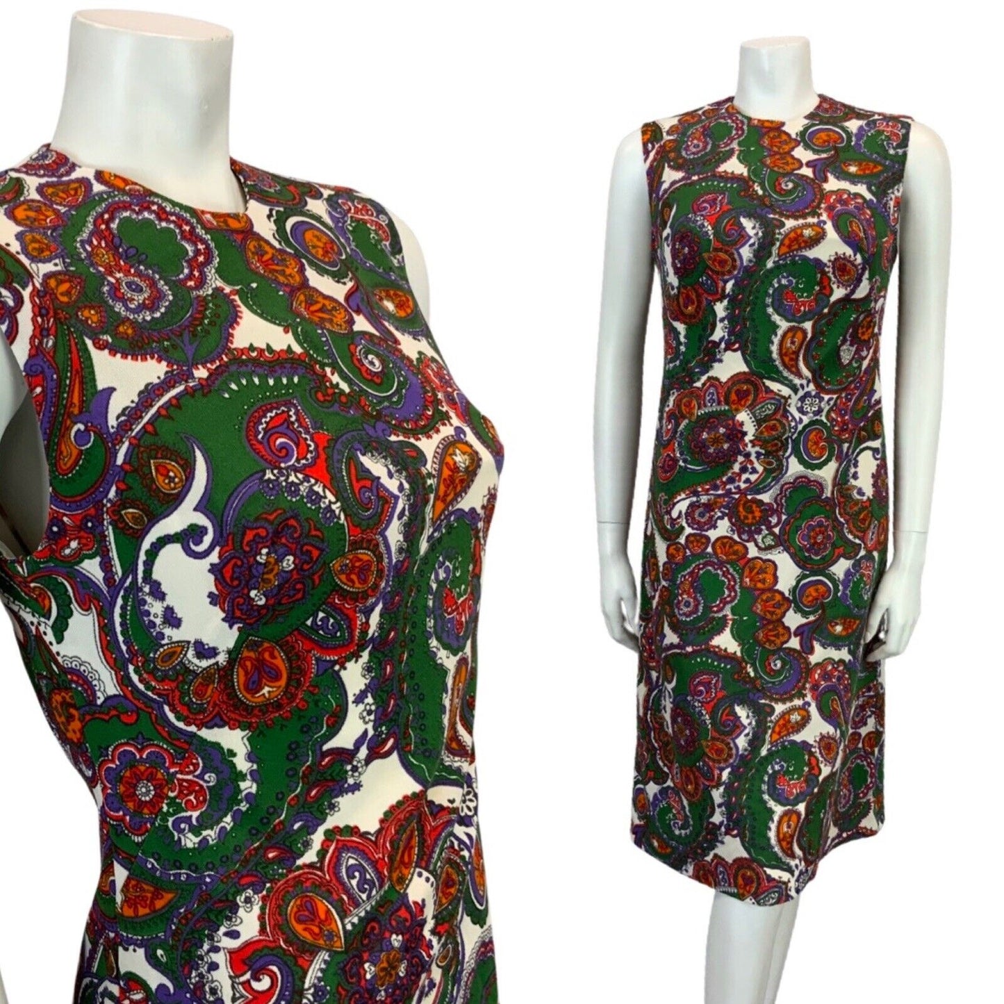 VINTAGE 60s 70s DARK GREEN WHITE RED PURPLE PAISLEY PRINT MIDI DRESS DRESS 12