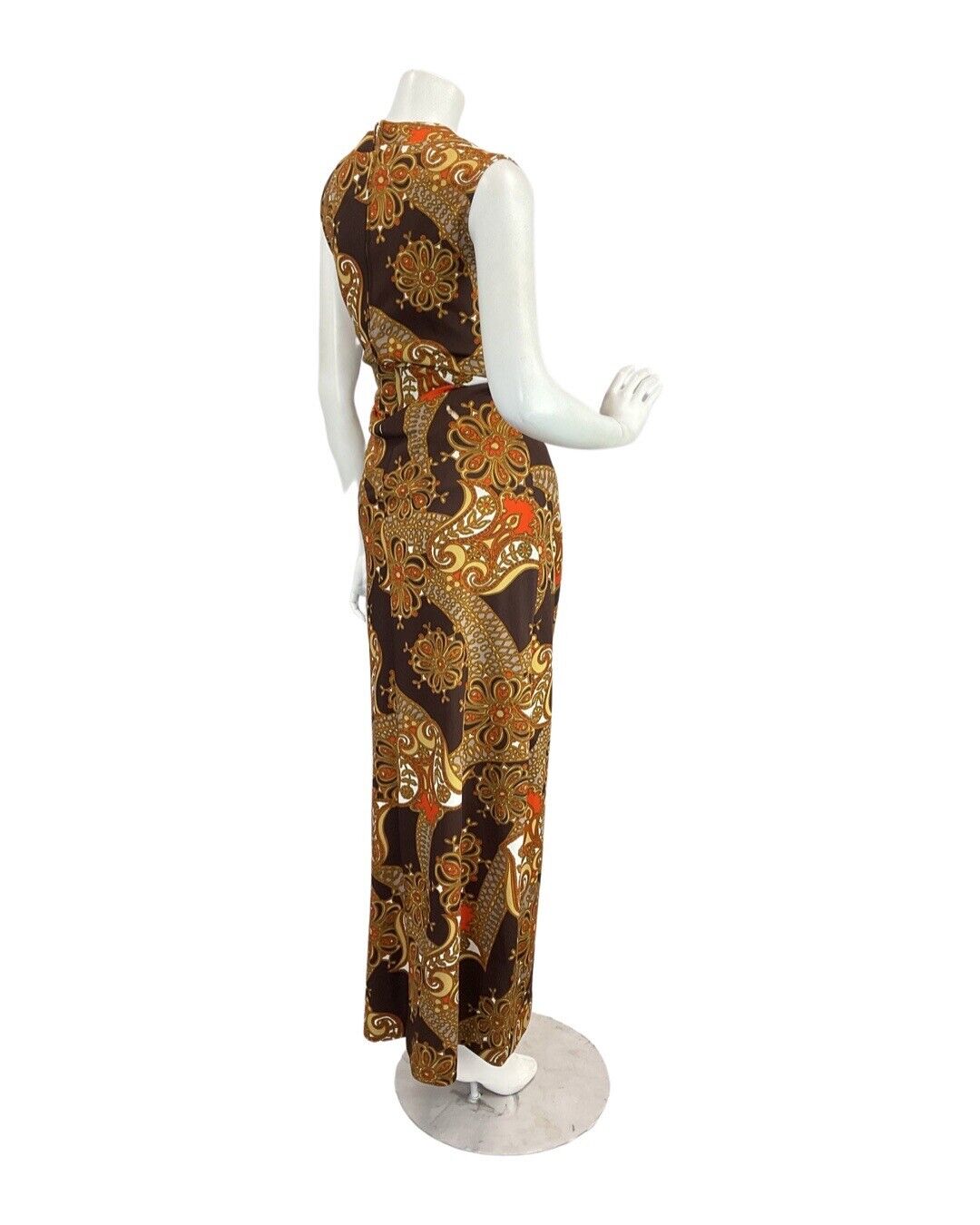 VTG 60s 70s BROWN ORANGE EIGE PSYCHEDELIC FLORAL MOD SLEEVELESS MAXI DRESS 10 12