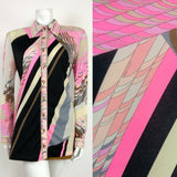 VTG 70s LEONARD PARIS BLACK GREY SILVER PINK OP-ART PSYCHEDELIC SHIRT 12 14