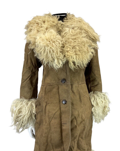 VINTAGE 60s 70s BROWN CREAM BOHO SUEDE SHEEPSKIN SHEARLING LONG COAT 10