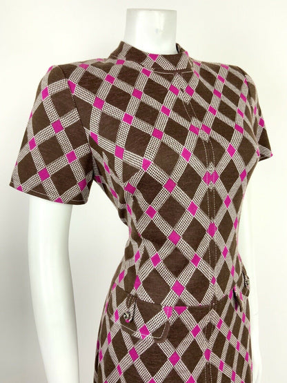 VTG 60s 70s MOD BROWN WHITE PINK DIAMOND CHECKERED GEOMETRIC DRESS 10 12