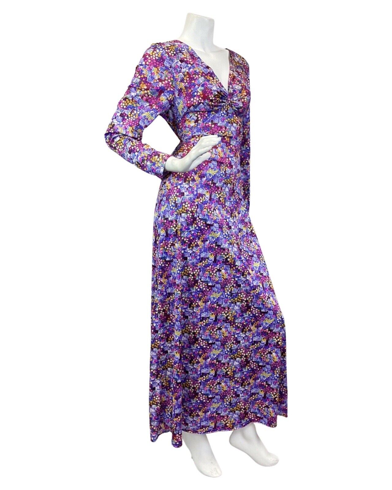 VINTAGE 60s 70s PURPLE PINK YELLOW DITSY FLOWER PSYCHEDELIC MAXI DRESS 10 12