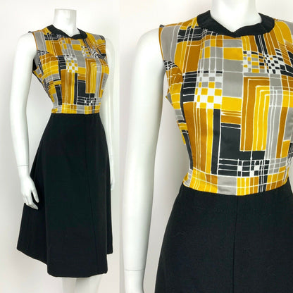 VTG 60s 70s MOD BLACK SILVER GOLD YELLOW GEOMETRIC SLEEVELESS DRESS 12 14