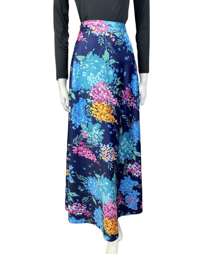 VINTAGE 70s BLUE PINK YELLOW PSYCHEDELIC FLORAL WRAP MAXI SKIRT 12 14