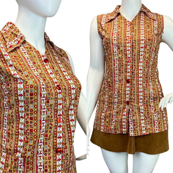 VINTAGE 60s 70s YELLOW RED WHITE GEOMETRIC AZTEC SLEEVELESS DAGGER SHIRT 14 16