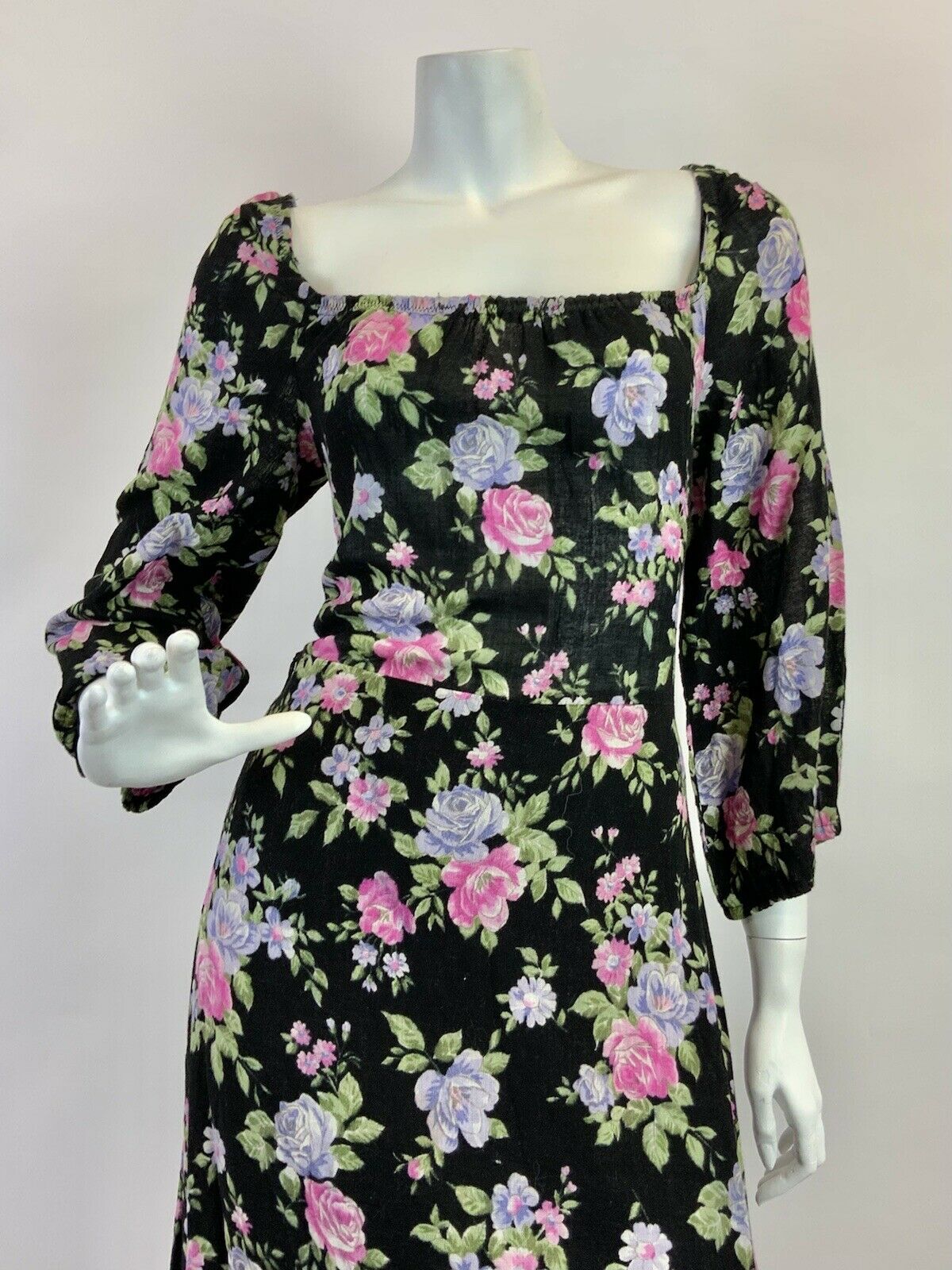 VINTAGE 60s 70s BLACK PINK PURPLE GREEN FLORAL ROSE RUFFLE MAXI DRESS 12