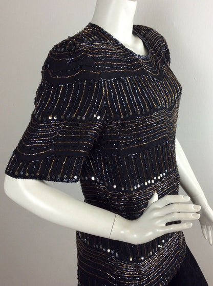 VTG 70S 80S SEQUIN BLACK PARTY DISCO TUNIC TOP 12 14