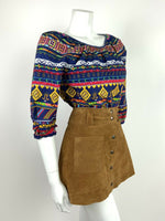 VTG 60s 70s BLUE YELLOW PINK AZTEC PSYCHEDELIC GEOMETRIC TRIBAL BLOUSE TOP 10 12