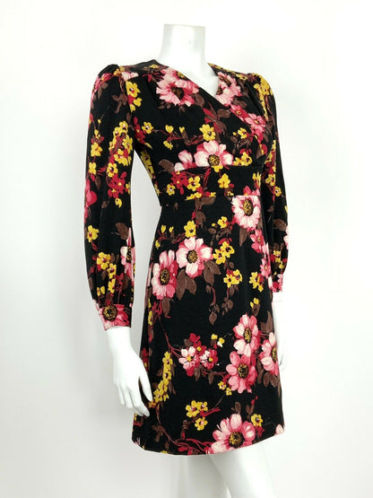 VINTAGE 60s 70s BLACK PINK YELLOW FLORAL BOHO WRAP DRESS 10 12