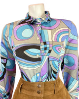 VTG 60s 70s SILVER BLUE PURPLE BLACK PSYCHEDELIC SWIRLY MOD BLOUSE SHIRT 12 14