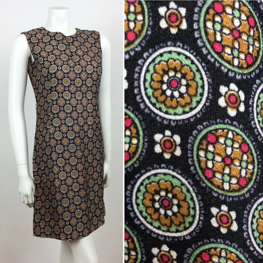 VINTAGE 60S 70S NAVY WHITE YELLOW MOD DAISY FLORAL SHIRT DRESS 10 12