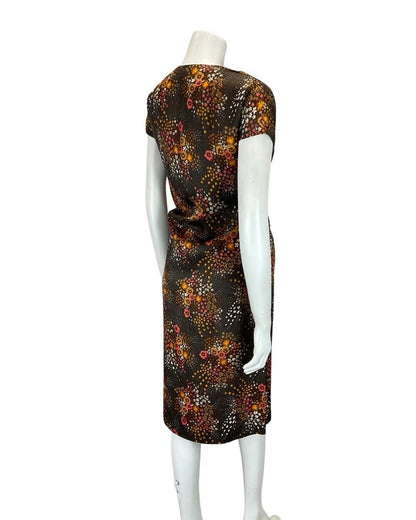 VINTAGE 60s 70s BROWN ORANGE DITSY DAISY FLOWER MOD CAP SLEEVE DRESS 12 14