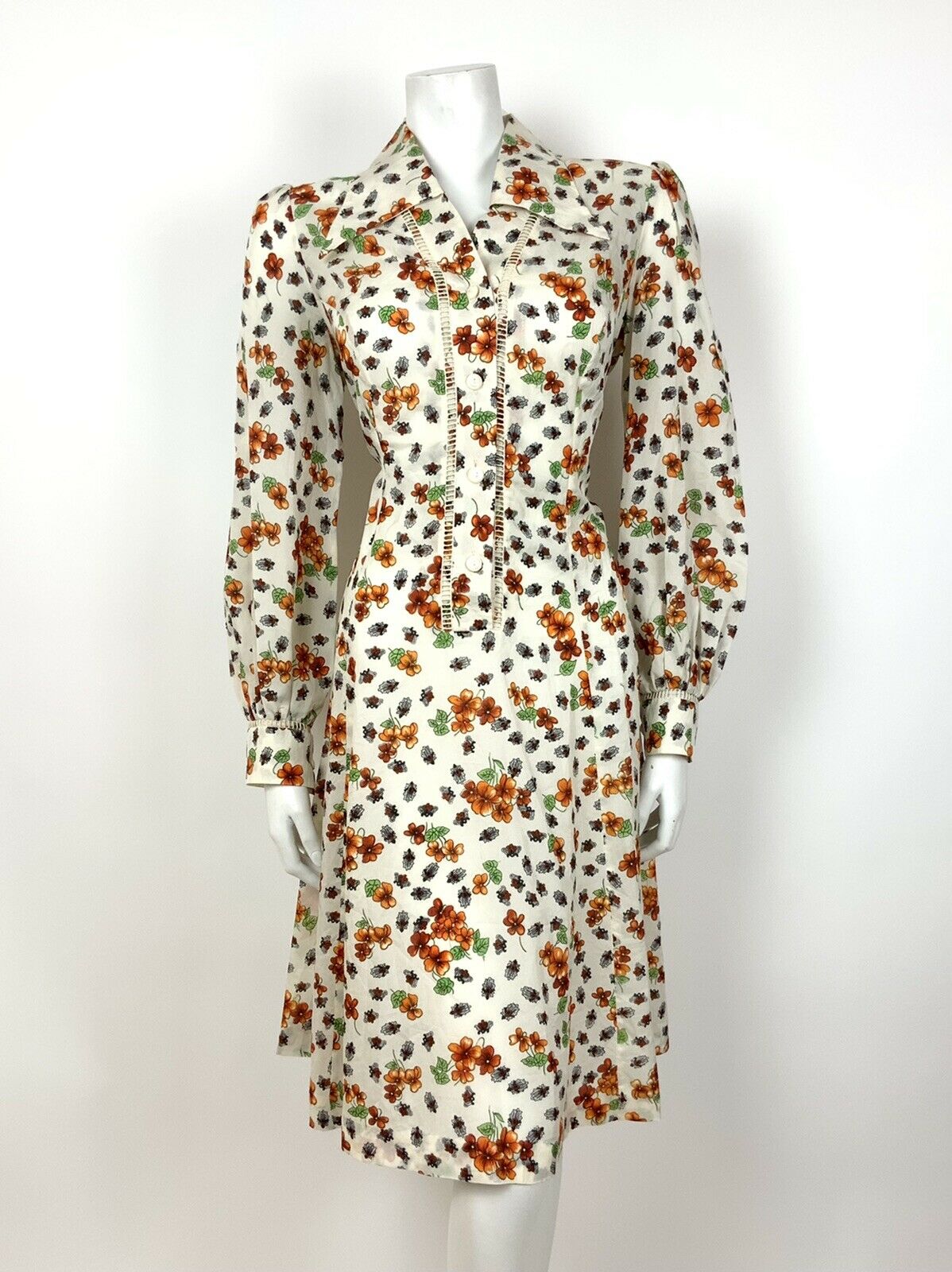 VINTAGE 60s 70s WHITE ORANGE GREEN FLORAL BEETLE DAGGER SHIRT DRESS 14 16