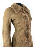 VTG 60s 70s TAWNY BROWN SUEDE SHEARLING FUR BROCADE RUSSIAN PRINCESS COAT 10 12