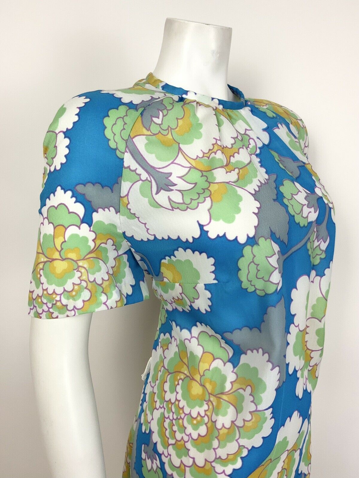 VINTAGE 60s 70s BLUE GREEN WHITE YELLOW FLORAL PSYCH TENT SHIFT DRESS 14 16