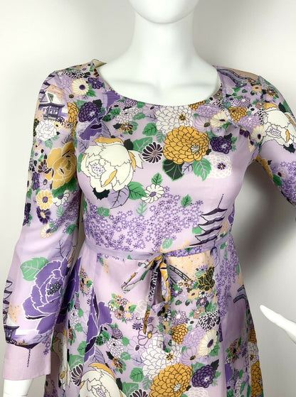 VINTAGE 60s 70s PURPLE YELLOW GREEN WHITE ORIENTAL PAGODA FLORAL SHEER DRESS 16