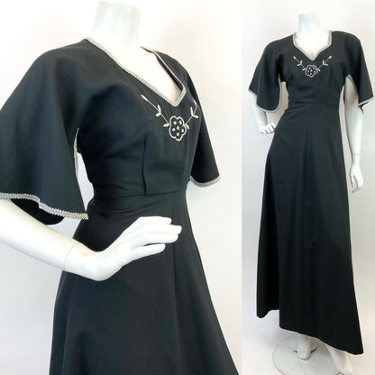 VINTAGE 60s 70s BLACK SILVER EMBROIDERED FLORAL BELL SLEEVE ELEGANT MAXI DRESS 8