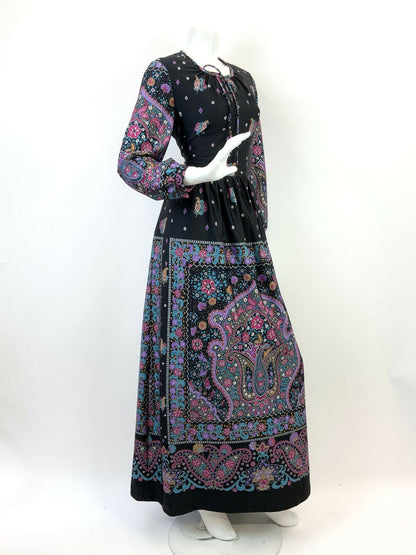 VINTAGE 60s 70s BLACK PURPLE PINK BLUE FLORAL PAISLEY BOHO FOLK MAXI DRESS 10 12