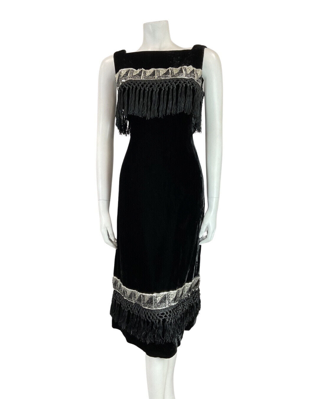 VINTAGE 60s 70s BLACK SILVER VELVET BEADED TASSELED FLAPPER PARTY MIDI DRESS 10