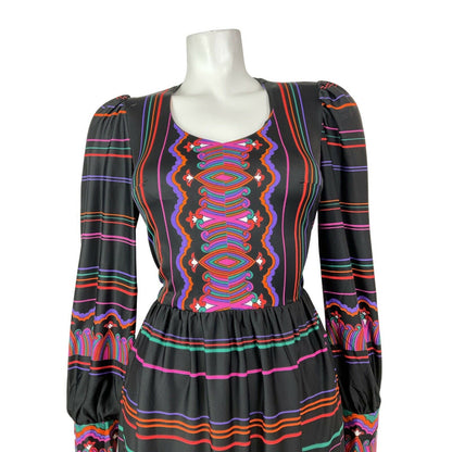 VINTAGE 60s 70s BLACK PINK GREEN ORANGE PSYCHEDELIC STRIPED BOHO MIDI DRESS 8