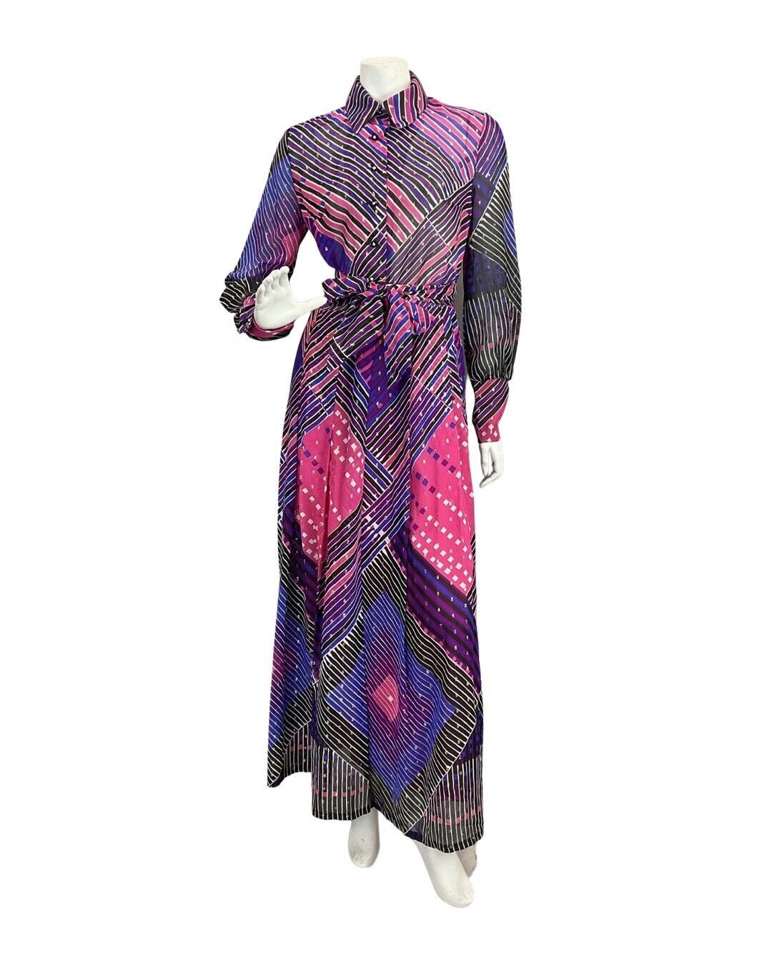 VINTAGE 60s 70s PURPLE PINK WHITE STRIPED SHEER MOD SHIRT MAXI DRESS 10