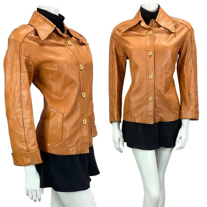 VTG 60s 70s DARK ORANGE TAN BROWN DAGGER COLLAR LEATHER MOD BIKER JACKET 12 14