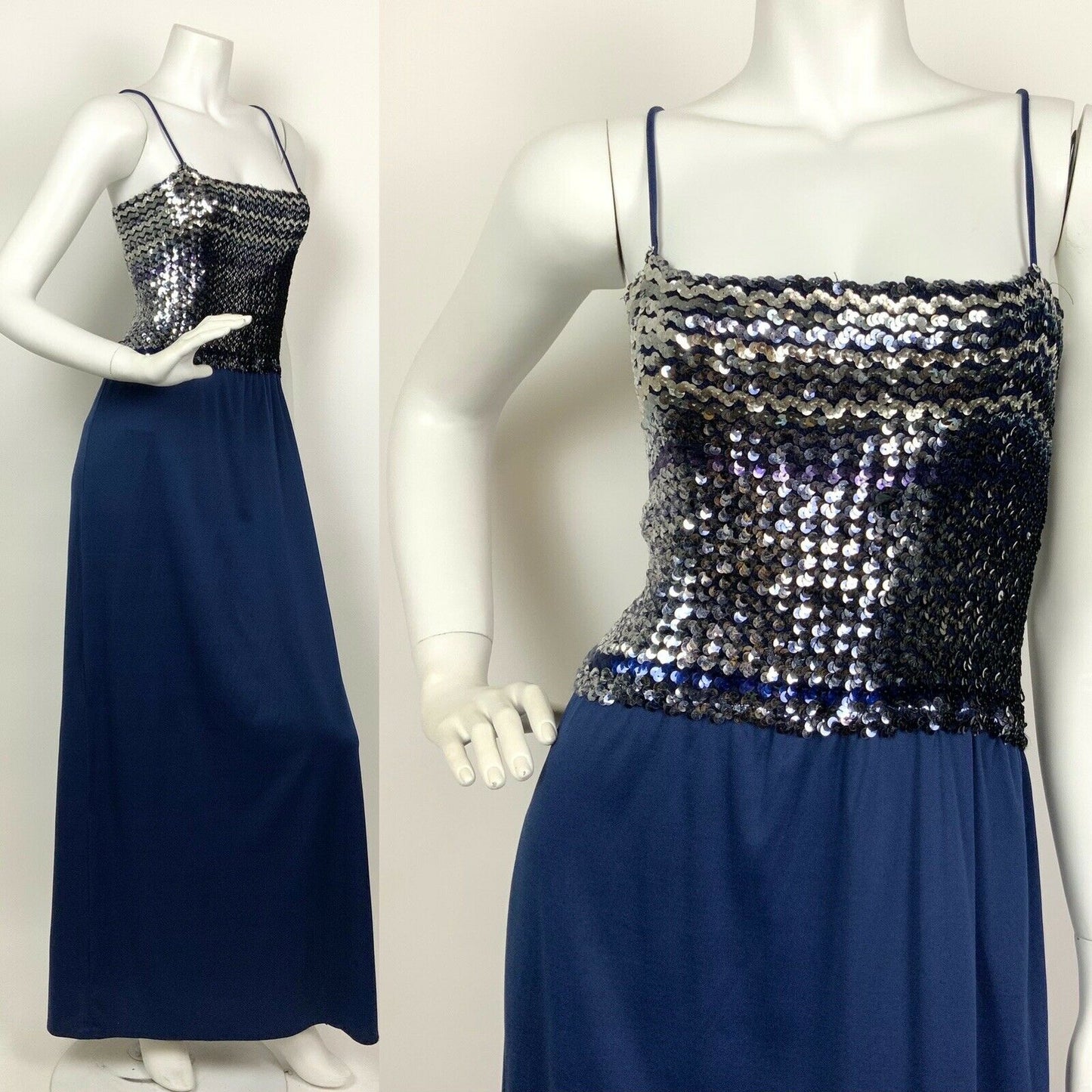 VINTAGE 60s 70s NAVY BLUE SILVER PURPLE SEQUINNED STRAPPY DISCO MAXI DRESS 12 14