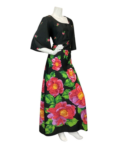 VINTAGE 60s 70s BLACK PINK GREEN FLORAL GARDEN MOD BOHO MAXI DRESS 16