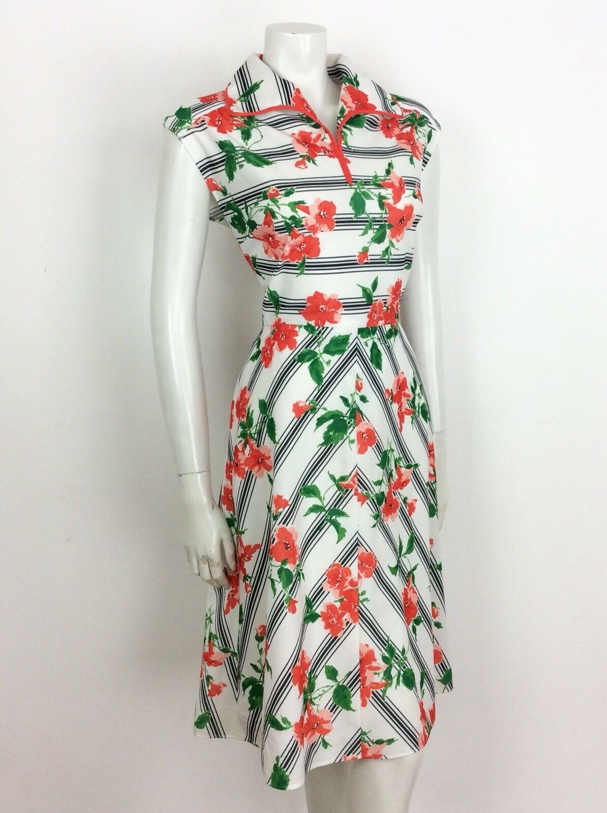 VINTAGE 70s FLORAL STRIPED SUMMER DRESS WHITE RED GREEN 12 14