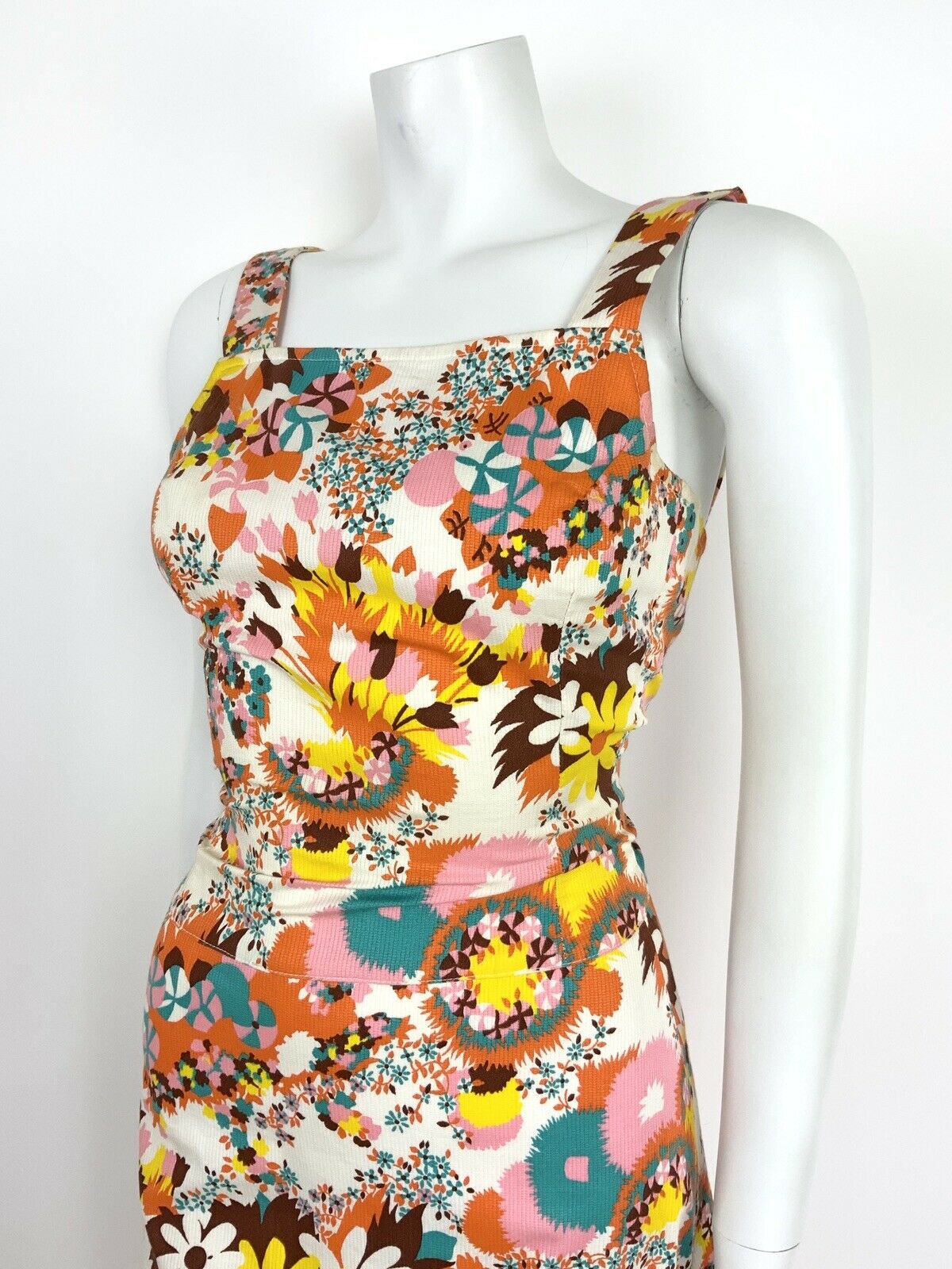 VTG 60s 70s WHITE PINK YELLOW ORANGE BLUE FLORAL PINWHEEL SUMMER APRON DRESS 4