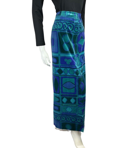 VINTAGE 60s 70s BLUE GREEN GEOMETRIC PANELLED MOD VELOUR MAXI SKIRT 8 10