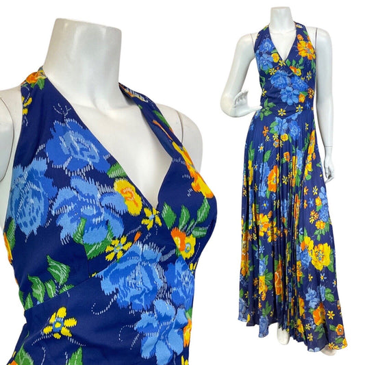 VINTAGE 60s 70s BLUE ORANGE YELLOW FLORAL ROSE HALTER SUMMER MAXI DRESS 8