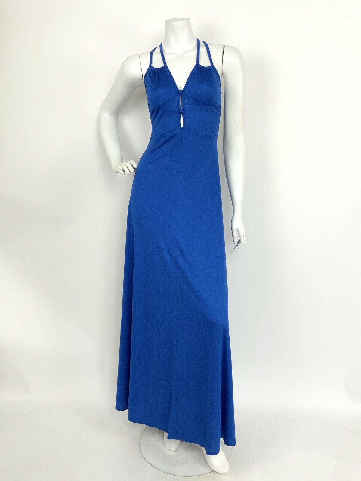 VINTAGE 60s 70s COBALT BLUE SPAGHETTI STRAP CROSS HATCH ELEGANT MAXI DRESS 6