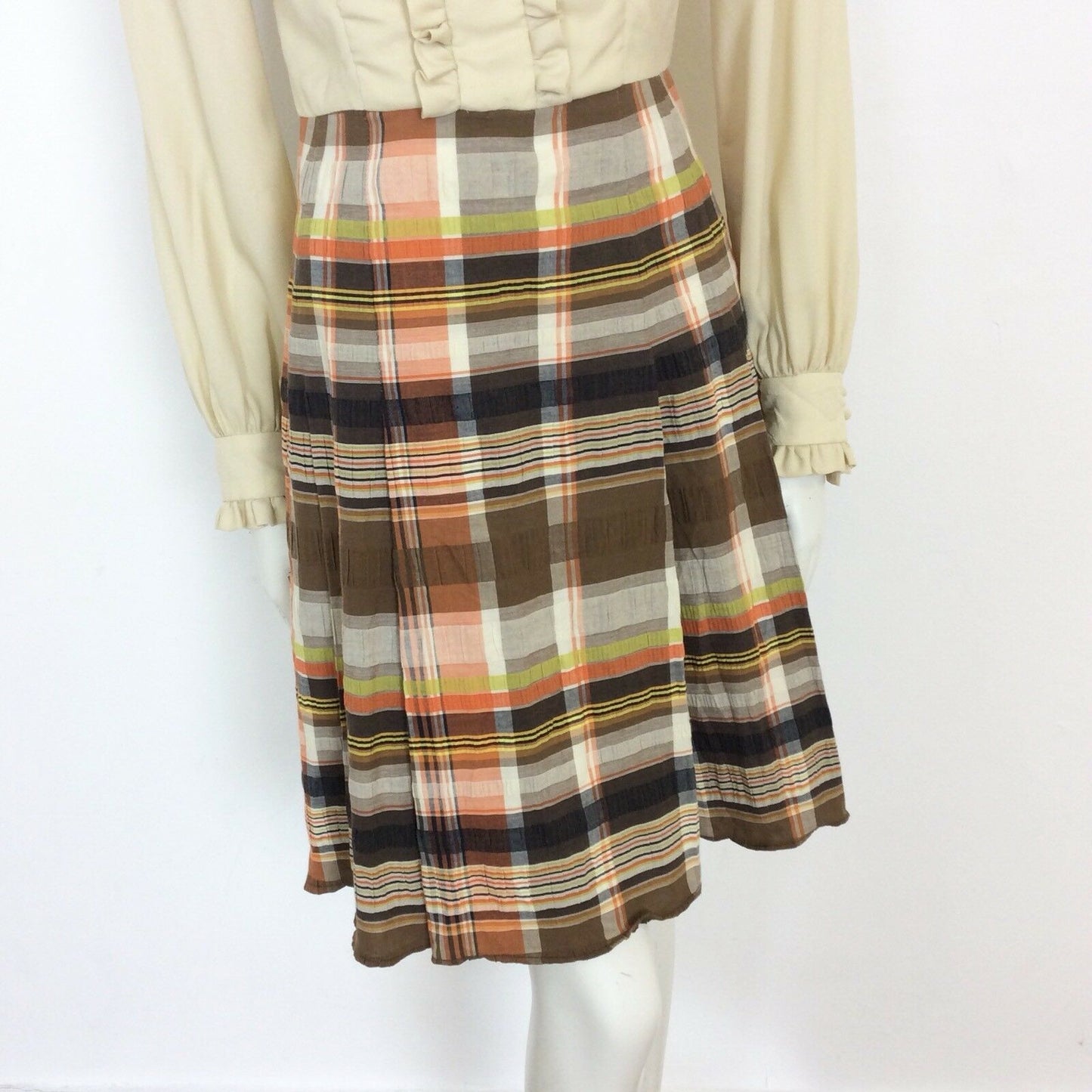 VINTAGE 60S CREAM,BROWN  PLAID TARTAN MAD MEN SECRETARY DAY DRESS 8 10