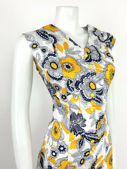 VTG 60s 70s BLUE YELLOW WHITE FLORAL SWIRL A-LINE MOD PSYCH FLOWER DRESS 12 14