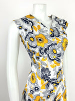 VTG 60s 70s BLUE YELLOW WHITE FLORAL SWIRL A-LINE MOD PSYCH FLOWER DRESS 12 14