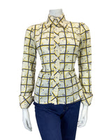 VINTAGE 60s 70s CREAM BLUE YELLOW GRID CHECKED DAGGER COLLAR MOD SHIRT 10 12