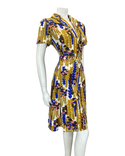 VINTAGE 60s 70s GOLD BLUE PINK FLORAL MOD WING COLLAR SHIRT DRESS 12 14