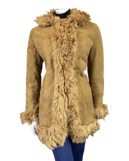 VINTAGE 60s 70s CARAMEL BROWN SUEDE BOHO PENNY LANE SHORT SHEARLING COAT 10 12