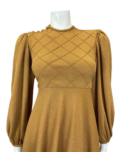 VTG 60s 70s OCHRE TAN BROWN DIAMOND BOHO MOD LONG SLEEVE SWING DRESS 8