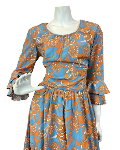 VINTAGE 60s 70s BLUE ORANGE PSYCHEDELIC FLORAL FLOUNCE SLEEVE MOD MAXI DRESS 12