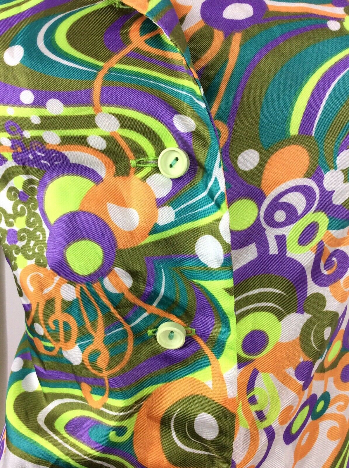 60S 70S VINTAGE WHITE GREEN PURPLE PSYCHEDELIC SLEEVELESS SHIRT DRESS 12 14