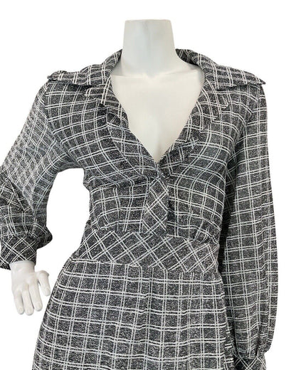 VINTAGE 60s 70s SILVER BLACK GRID CHECKED MOD DAGGER SHIRT MAXI DRESS 12