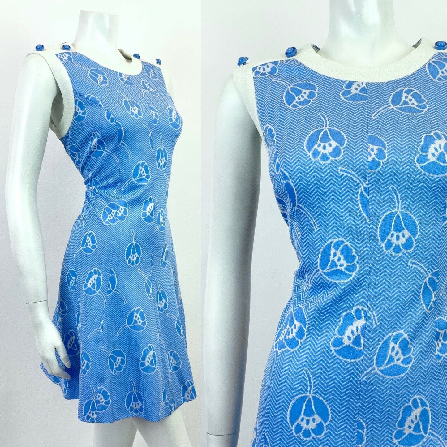 VTG 60s 70s BLUE WHITE ZIG ZAG CHEVRON FLORAL SLEEVELESS MOD MINI DRESS 12 14